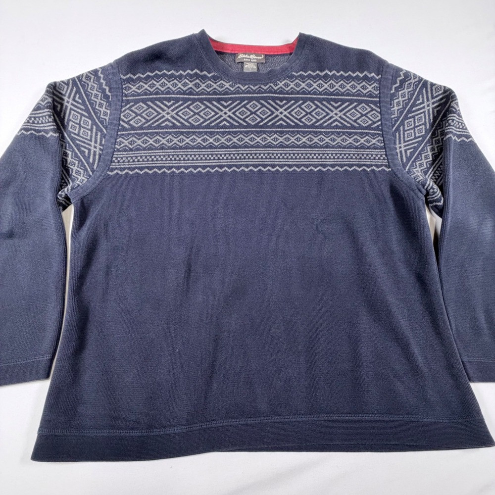 Eddie Bauer Fair Isle Sweater Mens Large Blue Nordic‎ Pattern Crewneck UK Made